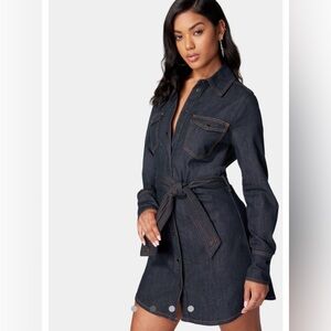 Bebe Dark Wash Long Sleeve Denim Belted‎ Shirt Dress NWT Size XS